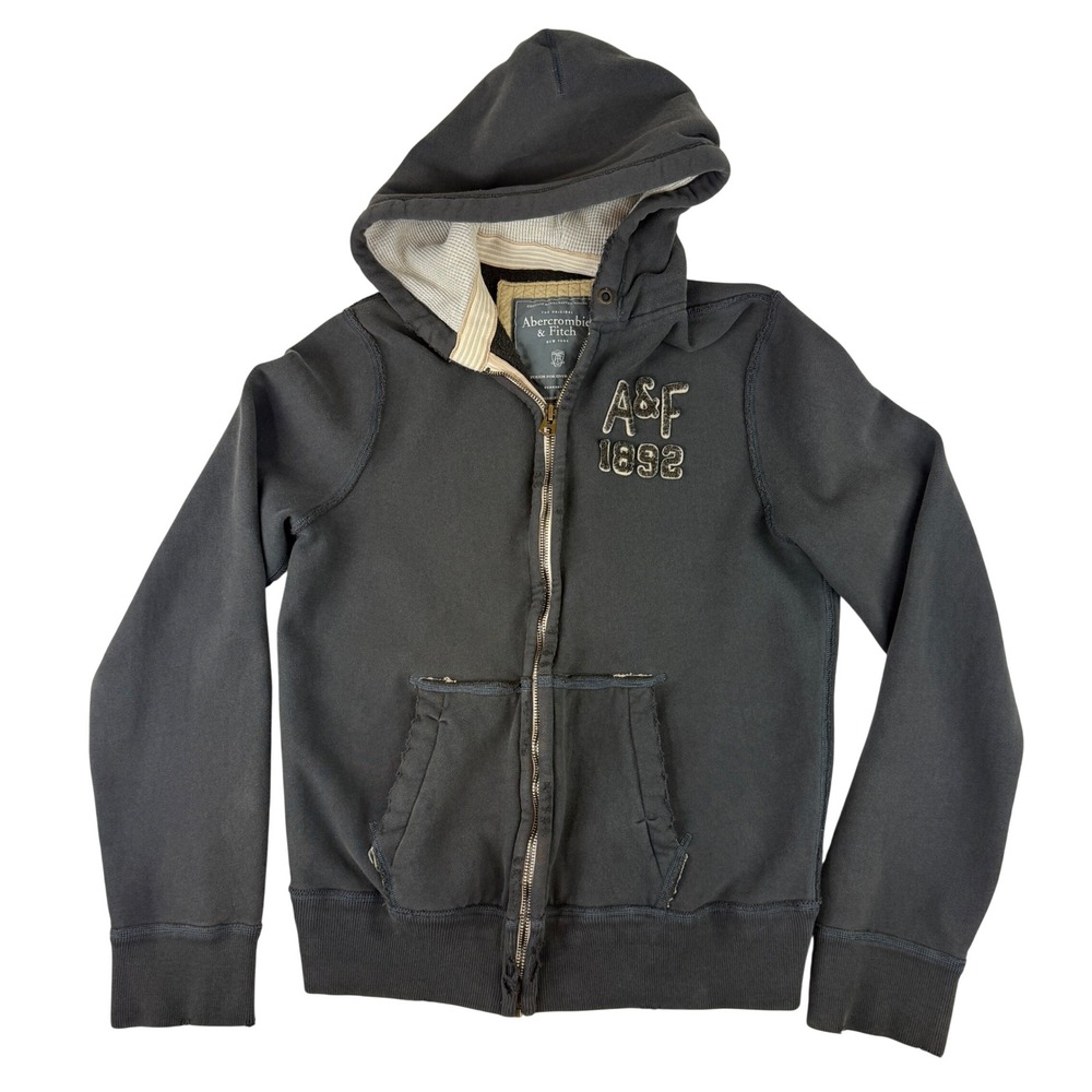 Abercrombie & Fitch Zip Hoodie Mens L Gray A&F 1892 Sherpa Lined Distressed